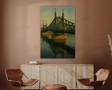 Liberty Bridge at Dusk: Green Iron and Yellow Tram by Travel Shop