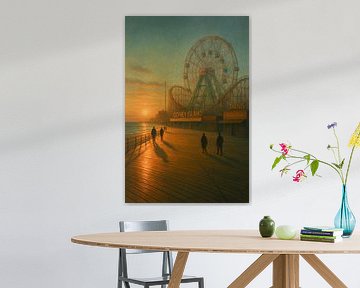 Het gouden uur van Coney Island: schaduwen en sensatie op de promenade van Travel Shop