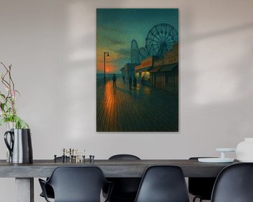 De schemering van Coney Island: Achtbaan en Boardwalk eenzaamheid van Travel Shop