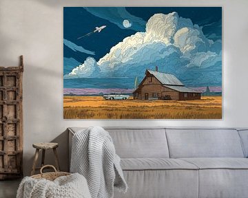 Illustration d'une ferme de science-fiction surréaliste avec lancement de fusée sur BINEDITS