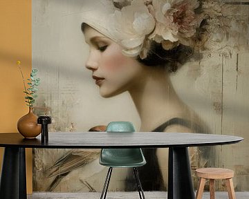 Floral Muse, romantisch portret van een vrouw met bloemen en een vogel