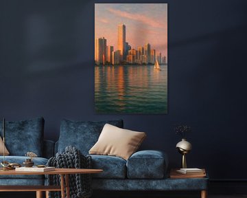 Miami Skyline Dusk: Golden Reflections on the Water by Travel Shop