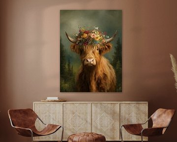 Dromerig portret van een Schotse hooglander met bloemenkroon in zachte natuurtinten