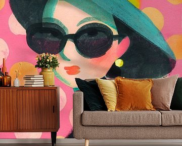 Elegant modeportret van een stijlvolle vrouw met zonnebril tegen een speelse roze achtergrond