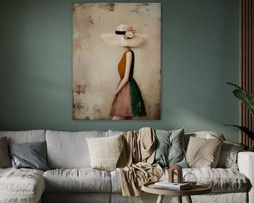 Summer Walk, modern elegant portret van een vrouw met grote hoed van Atelier Pink Blossom