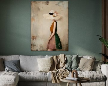Summer Walk, modern elegant portret van een vrouw met grote hoed