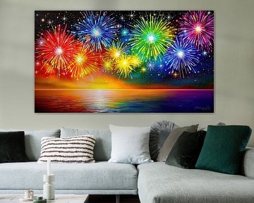 Feux d'artifice aux multiples couleurs entre ciel et eau sur AidasignArt