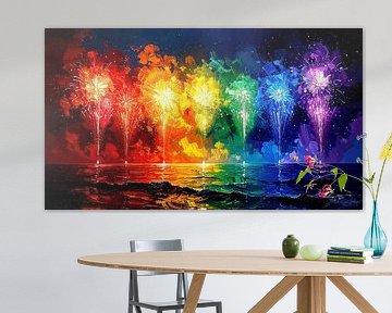 Feuerwerk der Vielfalt: Pastoses Farbenspiel der Pride über stillem Ozean von Erwartung und Neubeginn von AidasignArt