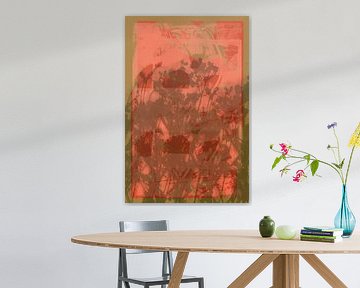 Lebendige abstrakte minimalistische botanische Kunst in Koralle, Ocker und Taupe