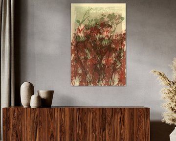 Lebendige abstrakte minimalistische botanische Kunst in Braun, Salbei und Weiß von Dina Dankers