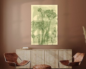 Abstrakte minimalistische botanische Kunst in Weiß und Grün