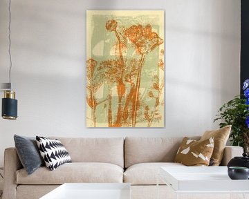 Lebendige abstrakte minimalistische botanische Kunst in Orange und zartem Grün von Dina Dankers