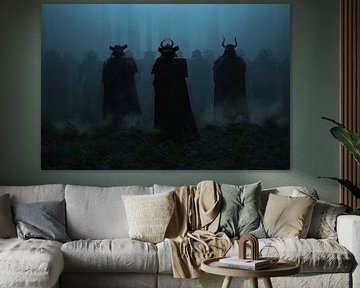 Dark figures as samurai soldiers in foggy surroundings by Besa Art
