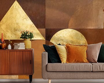 Abstract schilderij in goud en bruin met saxofonist onder de lantaarn