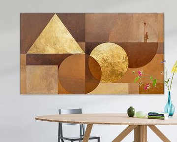 Abstrakte Malerei in Gold und Braun mit Saxophonist unter Laterne