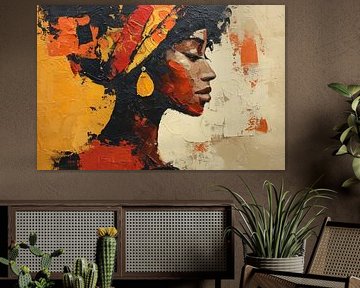 Portrait of a dark-skinned woman in warm, rich colours by Lauren Wilde