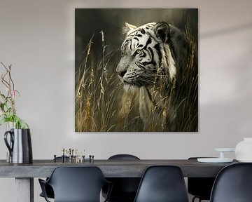 Der weiße Tiger im goldenen Morgennebel