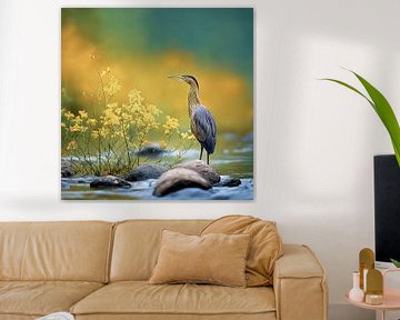 The Heron in the Golden Morning Flowers by Karina Brouwer