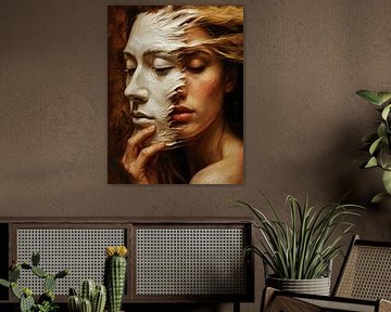 Surreales Frauenportrait mit gemalter Maske - Ausdrucksstarkes Ölgemälde Wandkunst von Ramy Salah Hefny