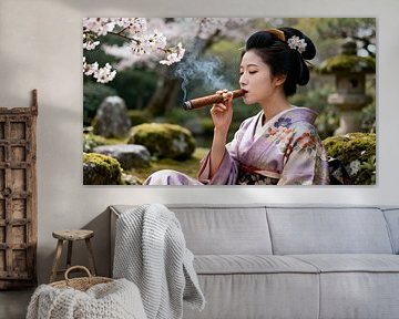 Geisha in japanese garden smoking a cigar