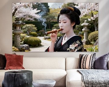 Geisha im japanischen Garten beim Rauchen einer Zigarre von Egon Zitter