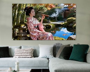 Geisha im japanischen Garten beim Rauchen einer Zigarre von Egon Zitter