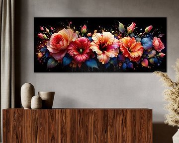 Bloomexplosie in de donkere kamer - rozen en hibiscus in het spanningsveld tussen eruptieve beweging, vloeiende kleur en heldere sensualiteit van AidasignArt