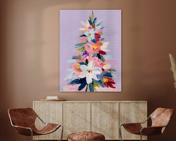 Moderne bloemrijke kerstboom in zachte pasteltinten met expressieve verfstreken