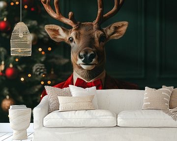 Elegant kerstportret van een stijlvol rendier in rood fluwelen kostuum met feestelijke sfeer