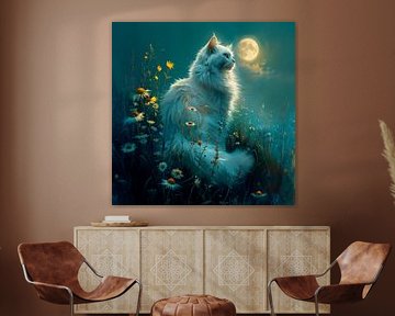 Weiße Mystische Katze – Mondblumenmagie im nächtlichen Garten von Erika Kaisersot