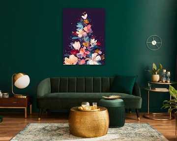 Moderner floraler Weihnachtsbaum auf dunkelviolettem Hintergrund mit satten Farben und weichen Lichtakzenten von But First Framing