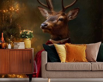 Elegant winterportret van een stijlvol rendier met rood fluwelen jasje en feestelijke kerstsfeer