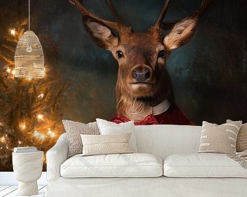 Feestelijk rendierportret met cadeau in rood fluwelen kostuum en warme kerstsfeer