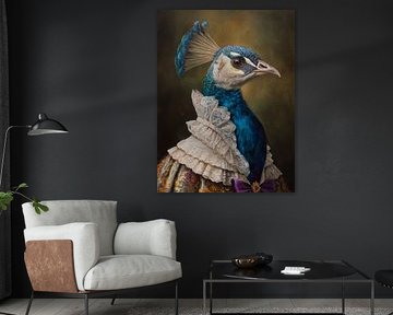 Renaissance peacock portrait in baroque dress with rich colours and elegant look