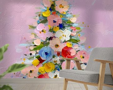 Bloemrijke kerstboom in zachte pasteltinten met handgeschilderde structuur en warme sfeer