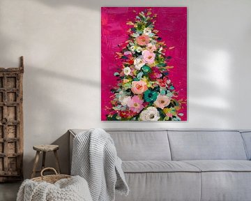 Floral Weihnachtsbaum mit goldenen Akzenten auf leuchtend rosa Hintergrund in expressiven Malstil von But First Framing