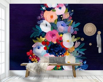 Bloemrijke kerstboom op diep paarse achtergrond in moderne schilderstijl