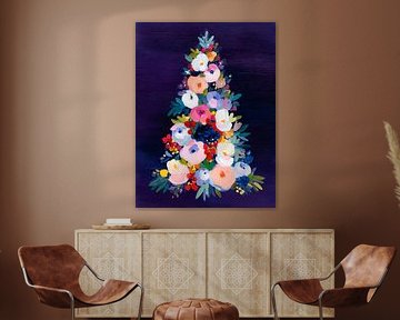 Floral Weihnachtsbaum auf tief lila Hintergrund in der modernen Malerei Stil von But First Framing