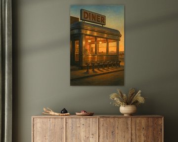 Woestijn eethuis zonsondergang: Chroom en lege krukken van Travel Shop