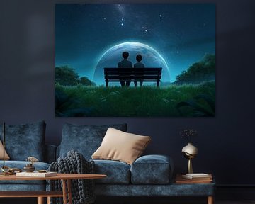 Homme solitaire sur un banc observant les oiseaux Art noir et blanc sur BINEDITS