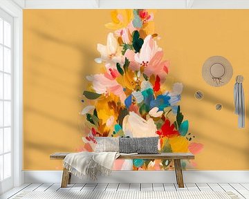 Bloemrijke kerstboom in warme tinten op gouden achtergrond