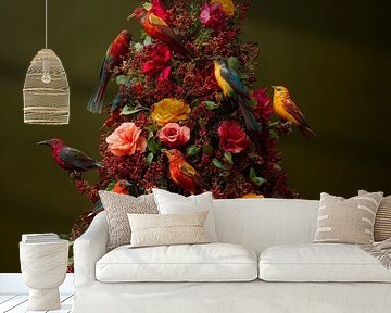 Bloeiende kerstboom vol kleurrijke vogels