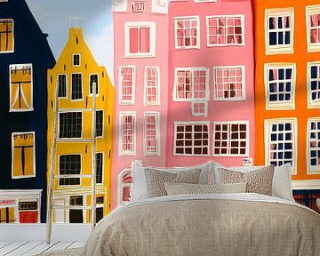 Kleurrijke grachtenhuizen met rode fiets