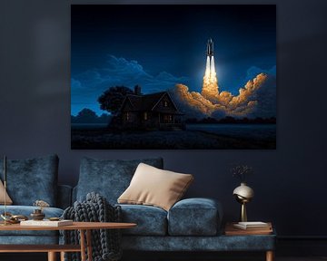 Space Shuttle Raketenstart bei Nacht hinter dem Bauernhaus von BINEDITS