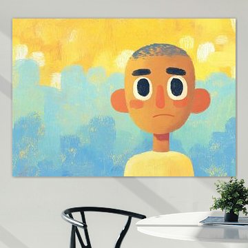 Portrait mélancolique texturé en bleu et or