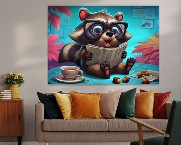 Niedlicher Cartoon-Waschbär, der mit Tee eine Zeitung liest von BINEDITS