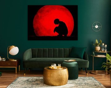 Grieving Man Silhouette Against Textured Red Moon Art by BINEDITS