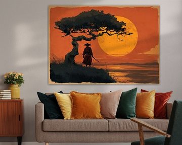 Samurai unter dem Baum bei Sonnenuntergang in traditioneller japanischer Kunst von BINEDITS