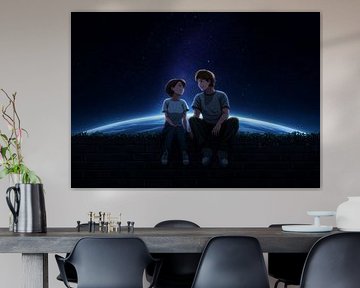 Romantic Anime Couple Sitting Under Starry Cosmos by BINEDITS