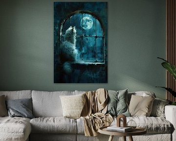 Weiße Mystische Katze am Mondfenster – Stille Nacht voller Magie von Erika Kaisersot